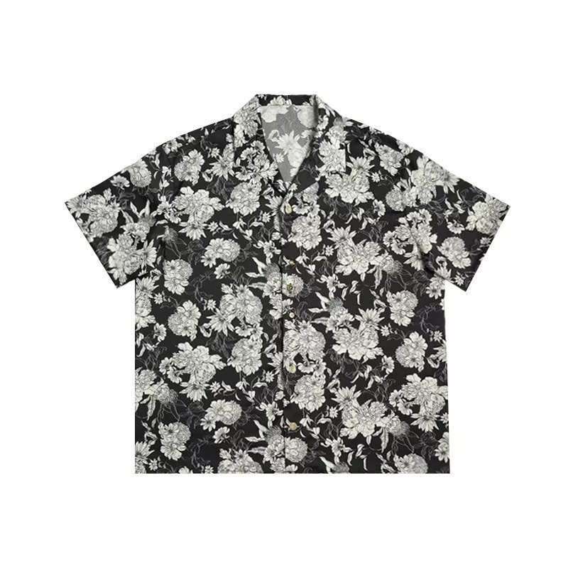 Camisa corta hawaiana camelia blanca y negra de verano con mangas cortas - The Noble Style