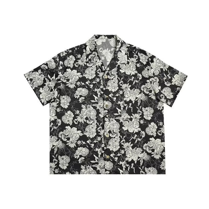 Camisa corta hawaiana camelia blanca y negra de verano con mangas cortas - The Noble Style