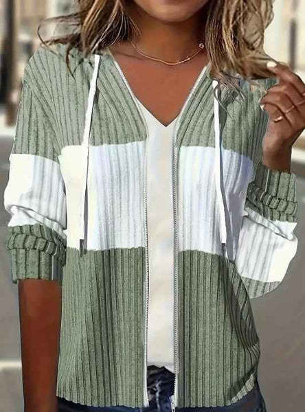 Chaqueta con capucha a rayas con cremallera de bloques de color