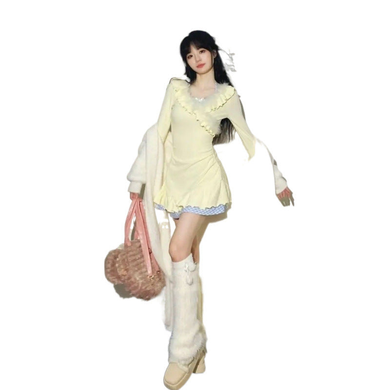 Vestido dulce ceñido V patrocinador con diseño de primavera y otoño, cintura fruncida y efecto esculpido