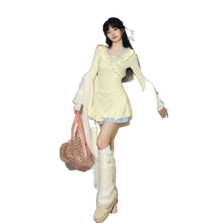 Vestido dulce ceñido V patrocinador con diseño de primavera y otoño, cintura fruncida y efecto esculpido