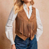 Chaleco con borlas de mujer, chaqueta casual retro con botones de metal al frente
