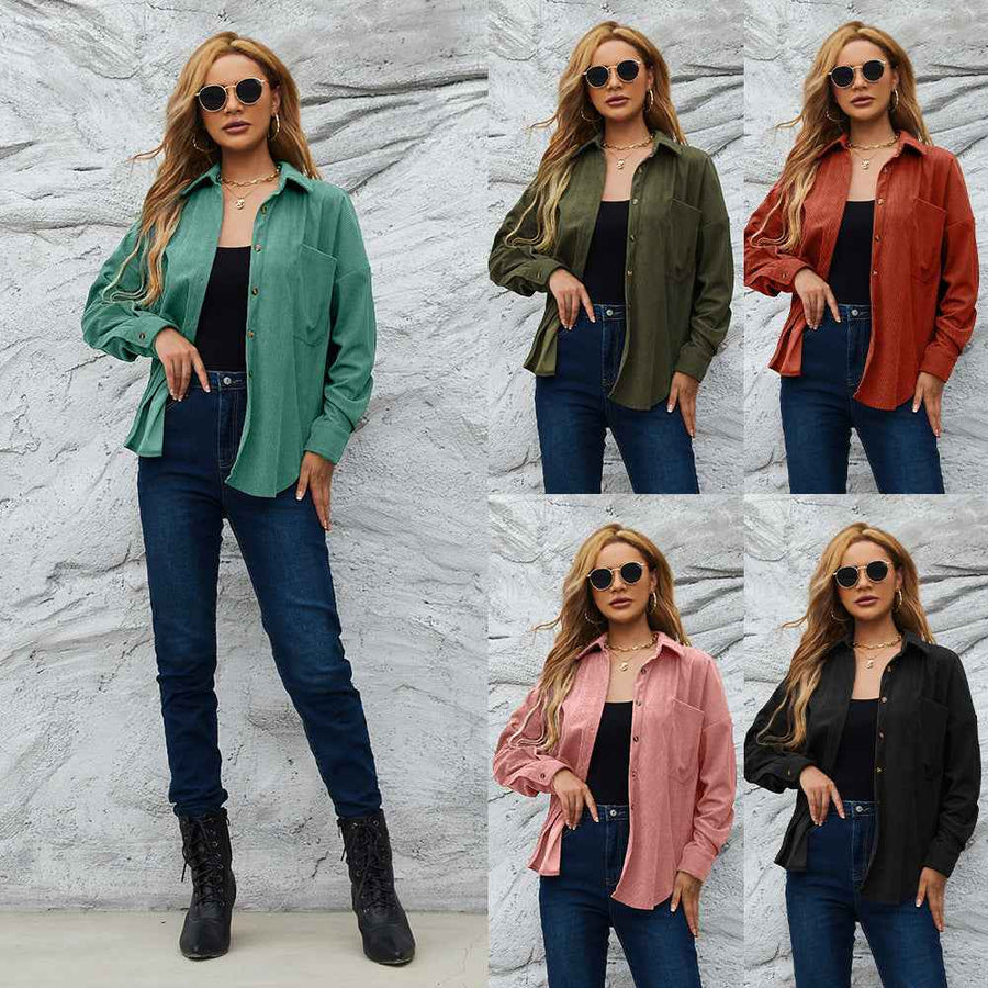 Chaqueta suelta de mujer de pana, abrigo de camisa sólido estilo americano
