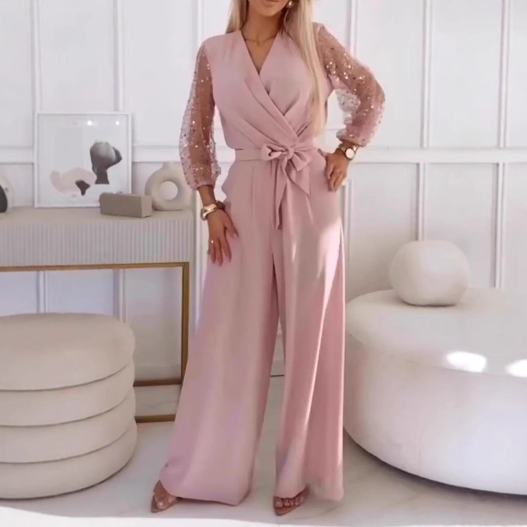 Conjunto Casual Mujer Lentejuelas: Pantalones de Pierna Ancha y Top Brillante - The Noble Style