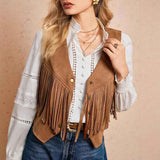 Chaleco con borlas de mujer, chaqueta casual retro con botones de metal al frente