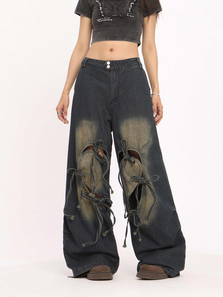 Jeans de mujer de cintura alta con cordones, pantalones rectos y anchos desgastados - The Noble Style