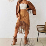 Falda de ante sintético con flecos estilo occidental de cintura alta y corte A para mujer