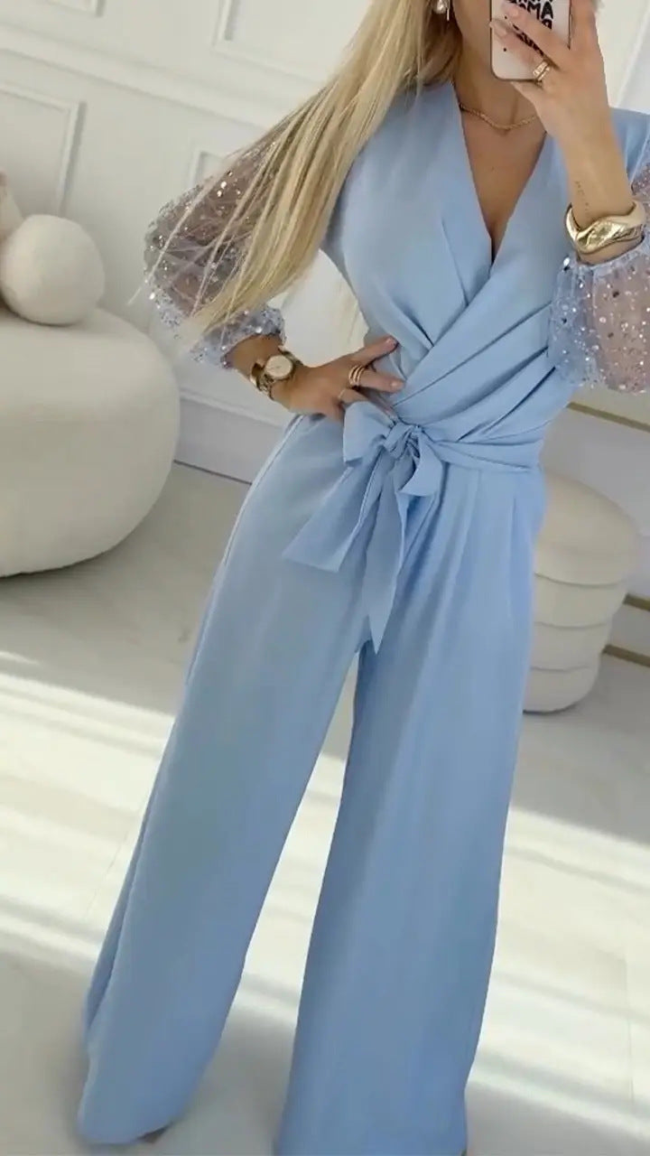 Conjunto Casual Mujer Lentejuelas: Pantalones de Pierna Ancha y Top Brillante - The Noble Style