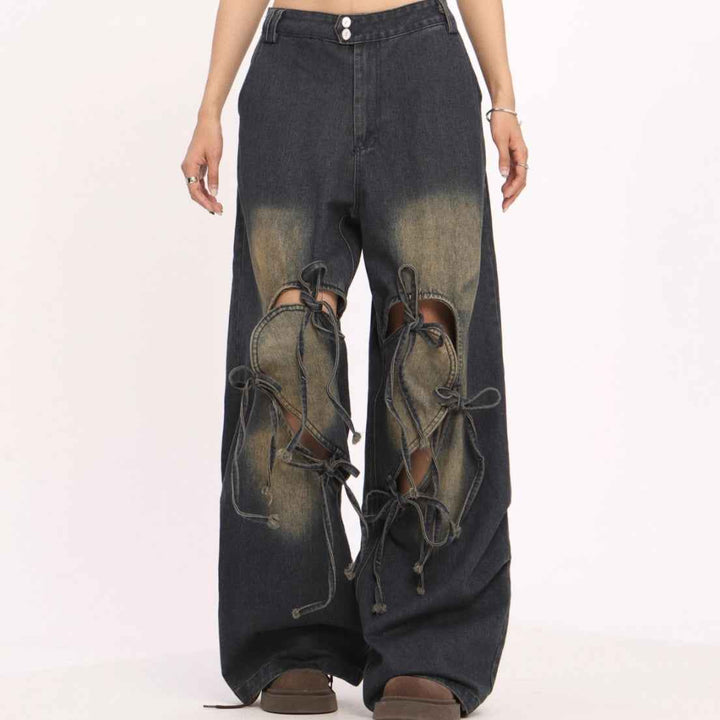 Jeans de mujer de cintura alta con cordones, pantalones rectos y anchos desgastados