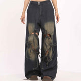 Jeans de mujer de cintura alta con cordones, pantalones rectos y anchos desgastados