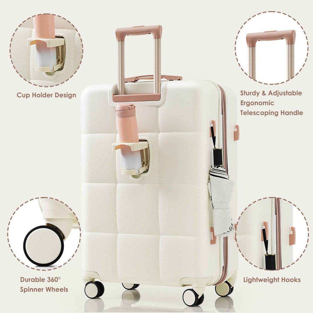 Juego de maletas con puerto USB, Set de 4 piezas de maletas expandibles ABS duraderas con bolso de viaje y soporte para taza, ruedas giratorias, color beige.