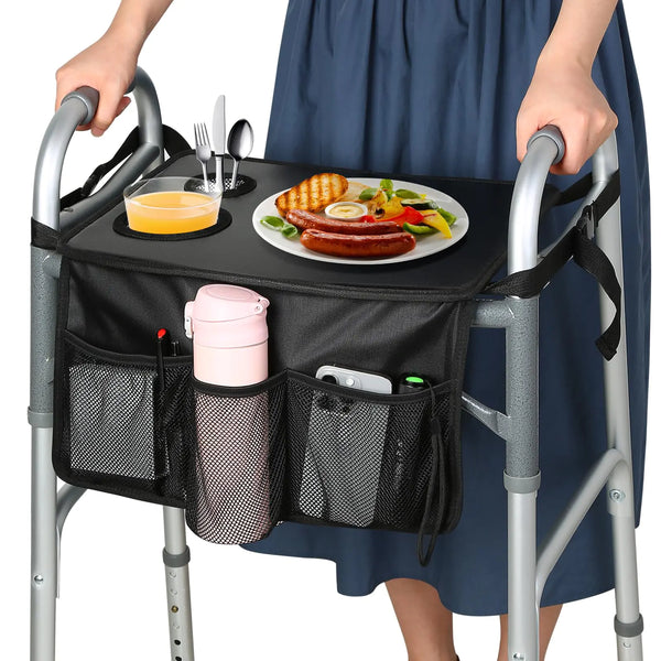 HOOMTREE Walker Tray for Folding Walker Trays for Walkers for Seniors Detachable with Cup HolderWalker Trays for Rolling Folding WalkerWalker Accessories for Elderly (Black with Pockets 2.0)