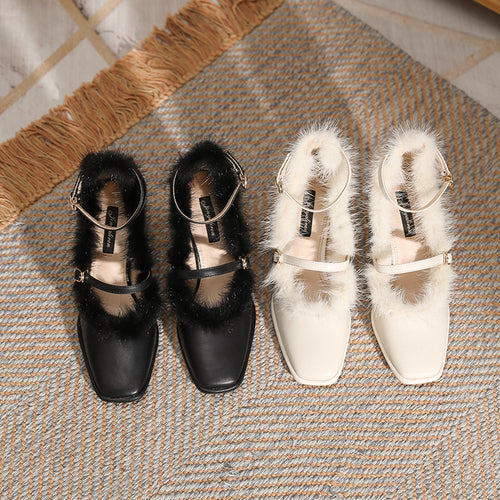 Zapatos de tacón grueso mujer de piel de mink estilo francés con punta cuadrada retro - The Noble Style