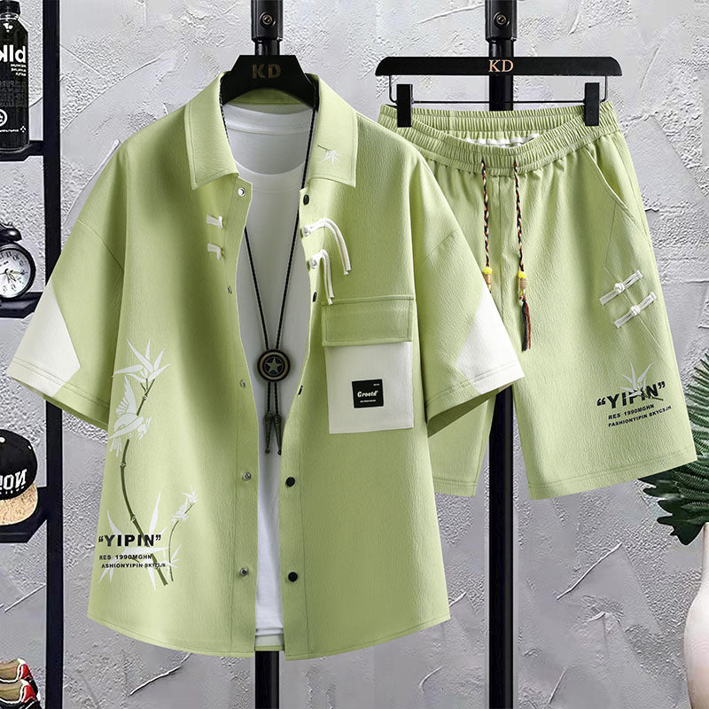 Conjunto deportivo masculino verano: Camisa de manga corta y pantalones cortos estilo chino para el verano - The Noble Style