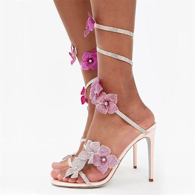 Snakelike Winding Lace Flowers Around Ankle Ring Stiletto Heels