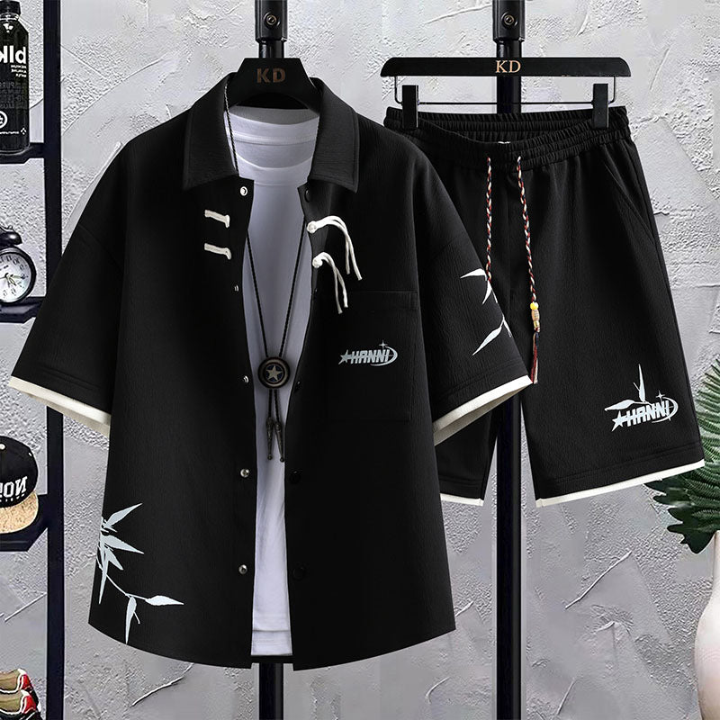 Conjunto deportivo masculino verano: Camisa de manga corta y pantalones cortos estilo chino para el verano - The Noble Style