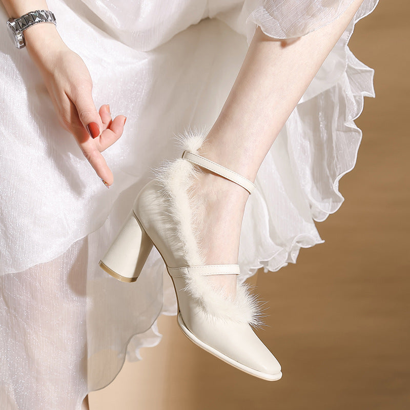 Zapatos de tacón grueso mujer de piel de mink estilo francés con punta cuadrada retro - The Noble Style