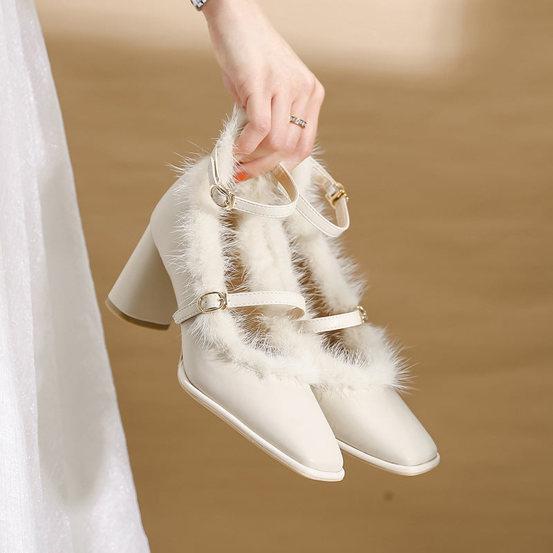 Zapatos de tacón grueso mujer de piel de mink estilo francés con punta cuadrada retro - The Noble Style