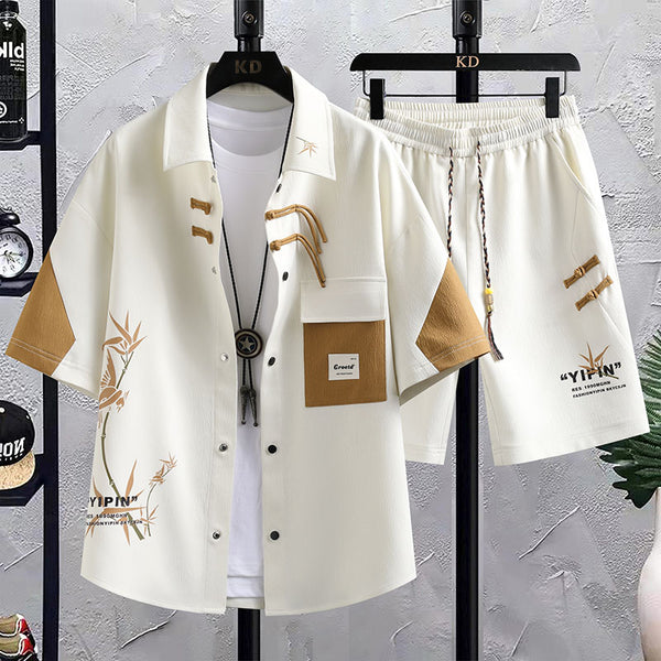 Conjunto deportivo masculino verano: Camisa de manga corta y pantalones cortos estilo chino para el verano - The Noble Style
