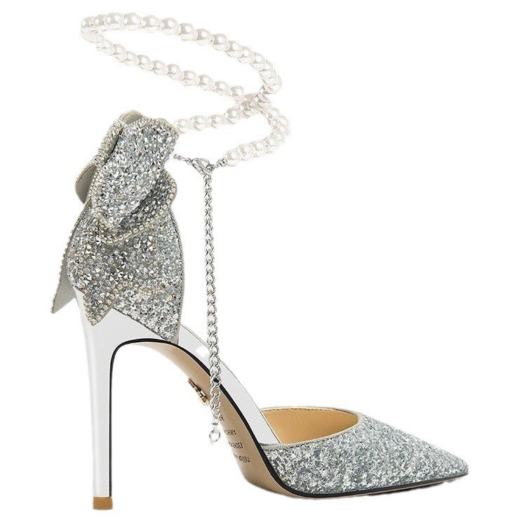 Tacones altos negros con paillette y moño para mujeres - The Noble Style