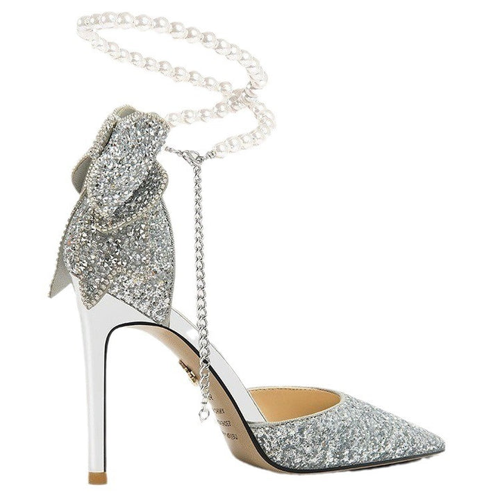 Tacones altos negros con paillette y moño para mujeres - The Noble Style