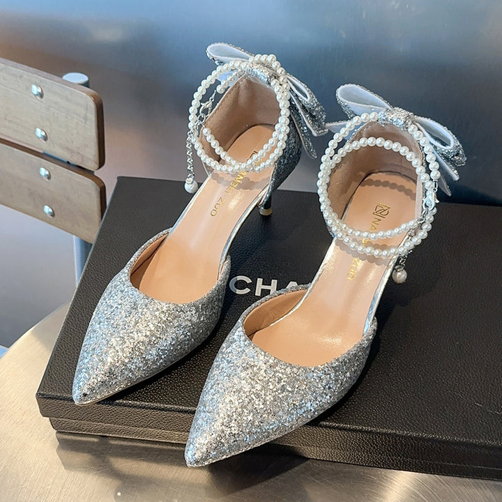 Tacones altos negros con paillette y moño para mujeres - The Noble Style