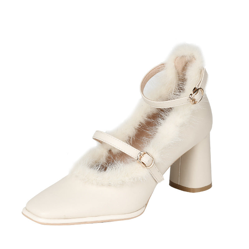 Zapatos de tacón grueso mujer de piel de mink estilo francés con punta cuadrada retro - The Noble Style
