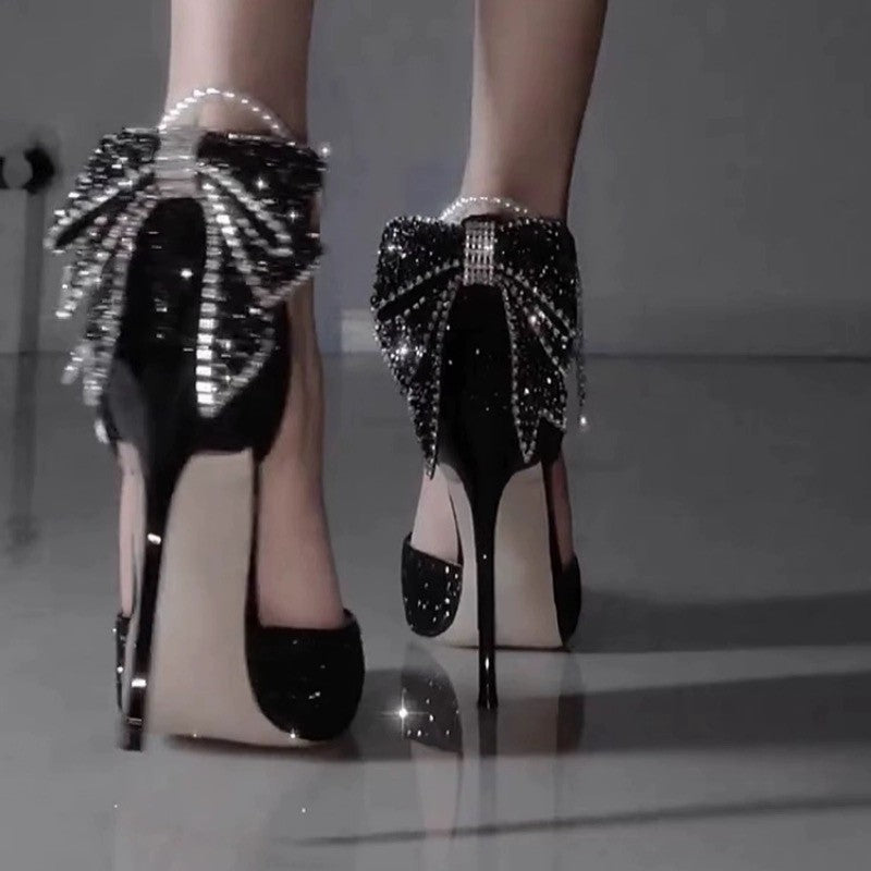 Tacones altos negros con paillette y moño para mujeres - The Noble Style