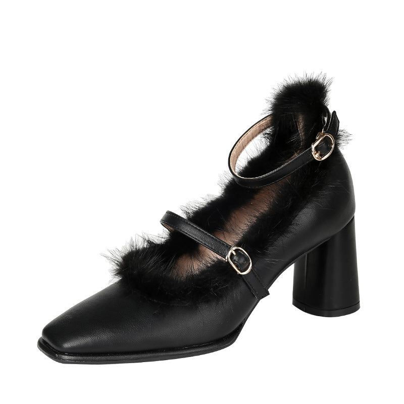 Zapatos de tacón grueso mujer de piel de mink estilo francés con punta cuadrada retro - The Noble Style