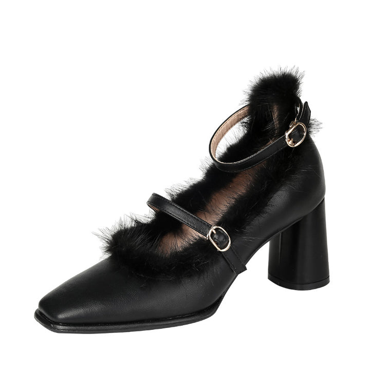 Zapatos de tacón grueso mujer de piel de mink estilo francés con punta cuadrada retro - The Noble Style