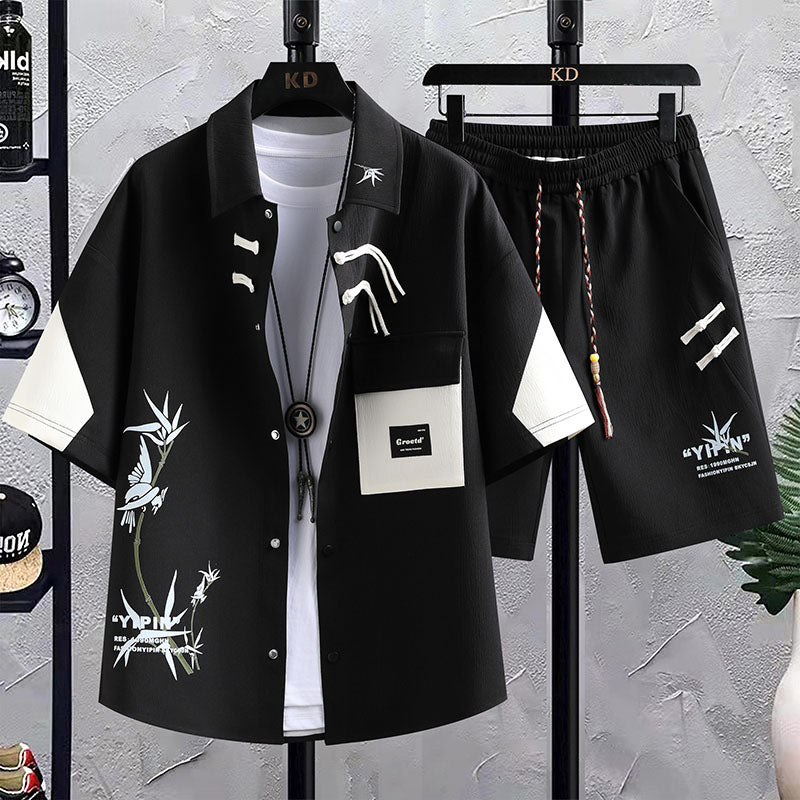 Conjunto deportivo masculino verano: Camisa de manga corta y pantalones cortos estilo chino para el verano - The Noble Style