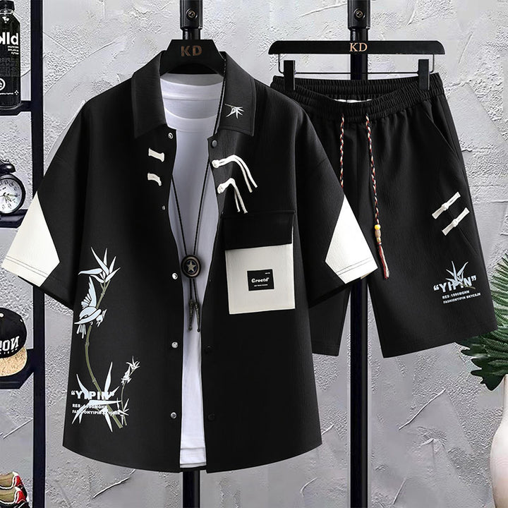 Conjunto deportivo masculino verano: Camisa de manga corta y pantalones cortos estilo chino para el verano - The Noble Style