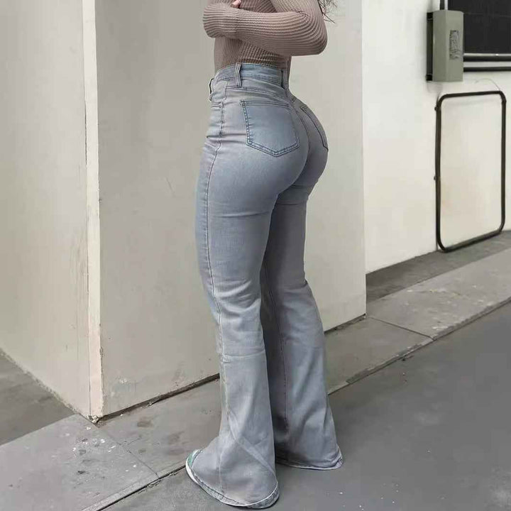 Jeans acampanados de talle alto con stretch de moda para mujer