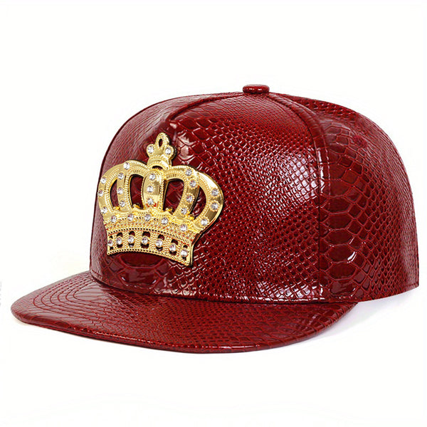 Gorro hip hop de cuero PU con etiqueta metálica Crown, sombrero plano estilo europeo y americano - The Noble Style