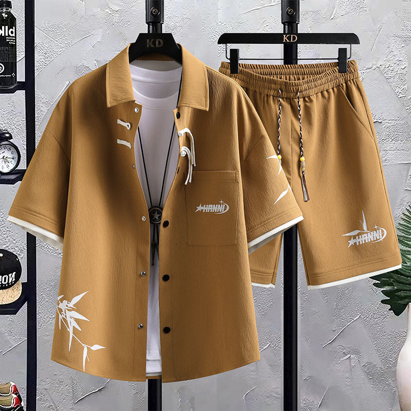 Conjunto deportivo masculino verano: Camisa de manga corta y pantalones cortos estilo chino para el verano - The Noble Style