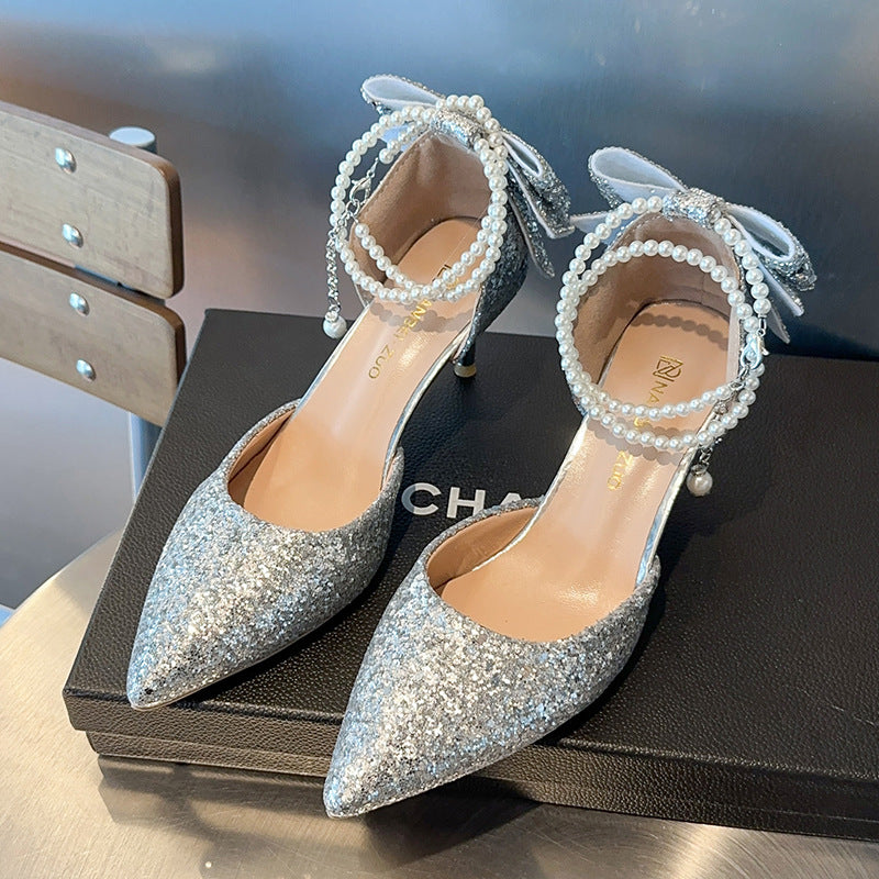 Tacones altos negros con paillette y moño para mujeres - The Noble Style