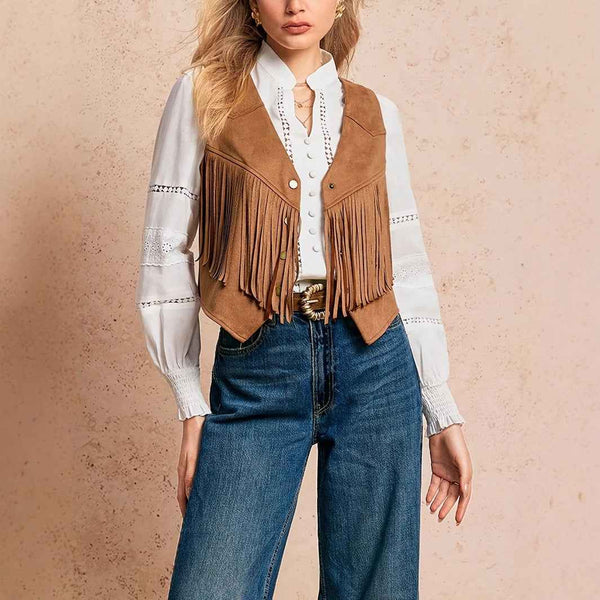 Chaleco con borlas de mujer, chaqueta casual retro con botones de metal al frente