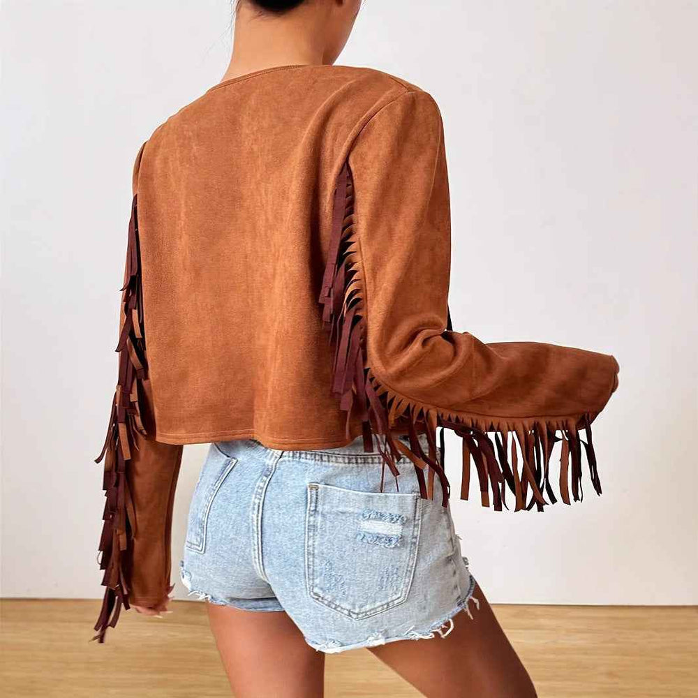 Chaqueta retro con flecos mujer ideal para vacaciones casuales