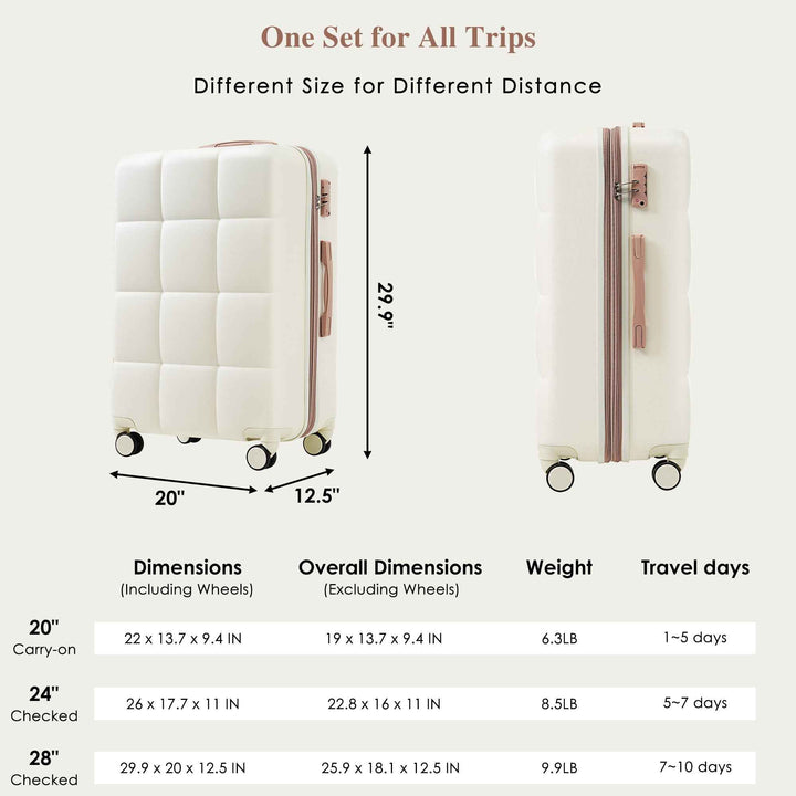 Juego de maletas con puerto USB, Set de 4 piezas de maletas expandibles ABS duraderas con bolso de viaje y soporte para taza, ruedas giratorias, color beige.