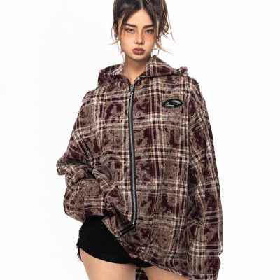 Chaqueta con capucha de cuadros retro con cremallera