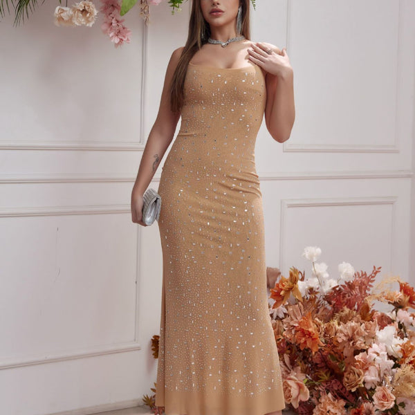 Vestido largo bordado sexy con estilo francés y brillantes, ideal para ocasiones elegantes. - The Noble Style