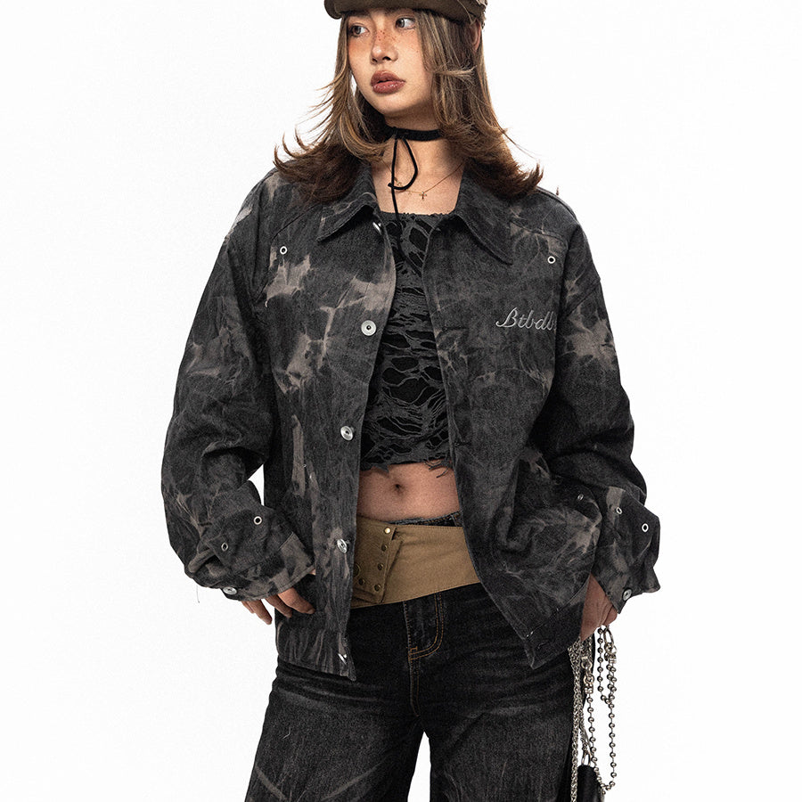 Tie-dyed Embroidered Denim Coat For Women