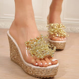 Sandalias de cuña para mujer con tacones altos y flor metálica, moda casual - The Noble Style