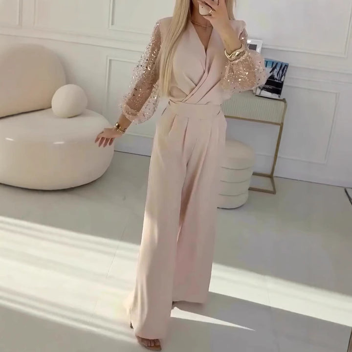 Conjunto Casual Mujer Lentejuelas: Pantalones de Pierna Ancha y Top Brillante - The Noble Style