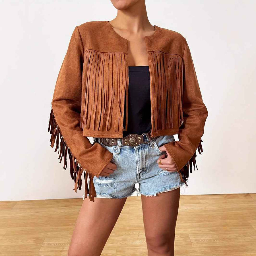 Chaqueta retro con flecos mujer ideal para vacaciones casuales