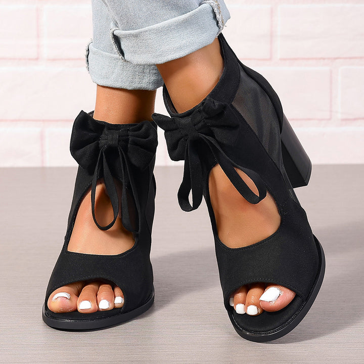 Sandalias de tacón alto con moño para mujer, plataforma, con decoración de lazo, punta abierta, con tira al tobillo, ideales para vestidos y fiestas de bodas - The Noble Style