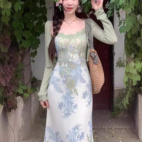 Conjunto vestido cárdigan retro mujer, vestido de tirantes y cárdigan de verano - The Noble Style