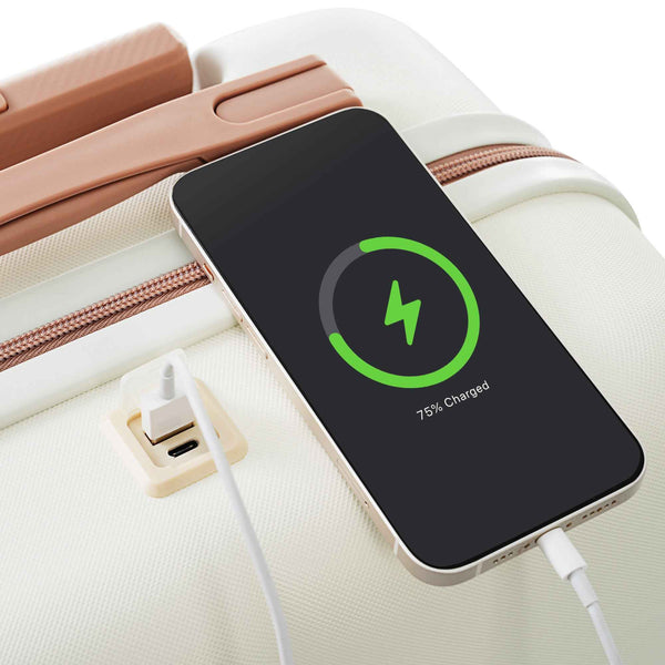 Juego de maletas con puerto USB, Set de 4 piezas de maletas expandibles ABS duraderas con bolso de viaje y soporte para taza, ruedas giratorias, color beige.