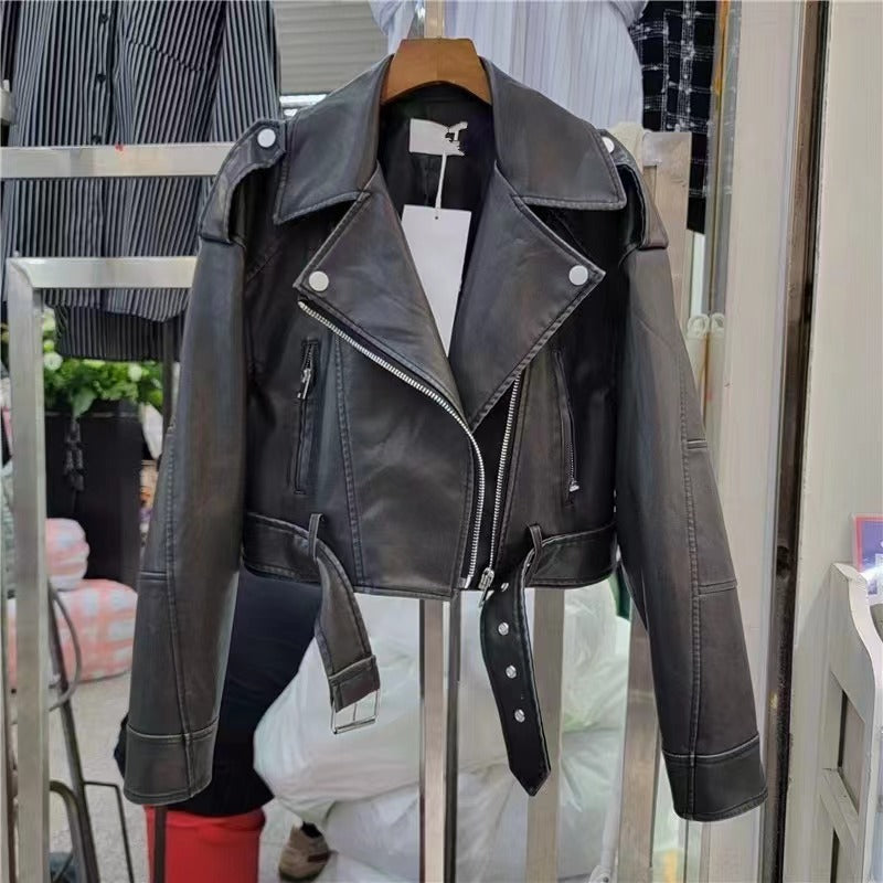 Chaqueta de piel sintética mujer estilo retro Hong Kong, corta, casual, nueva, moto, de piel PU