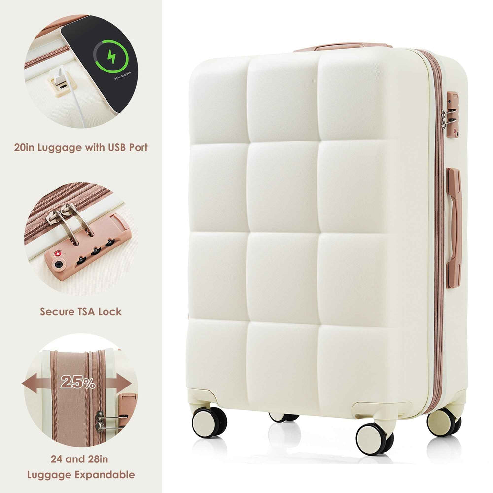 Juego de maletas con puerto USB, Set de 4 piezas de maletas expandibles ABS duraderas con bolso de viaje y soporte para taza, ruedas giratorias, color beige.